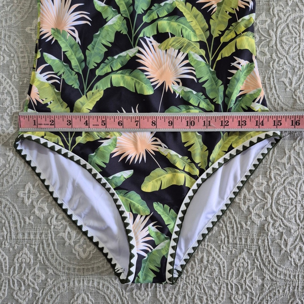 Tropical Palm Leaf One Shoulder One Piece Swimsuit Green Black Scalloped Size M - Picture 4 of 8